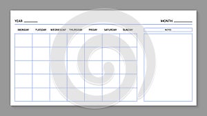 Month planner template. Blank calendar for 2021 year. Page for agenda. Calender with grid on wall. A4 planner for month and year.