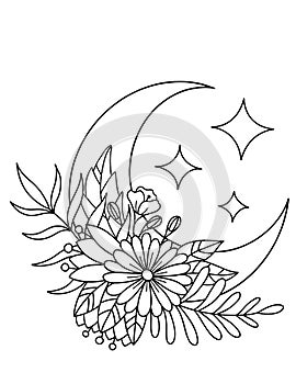 A month with the stars and a bouquet of flowers, a magical illustration for coloring. Black and white vector