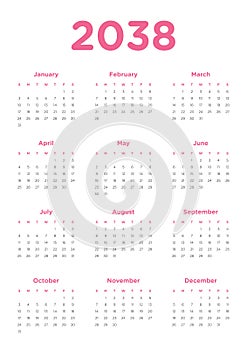 Annual calendar for 2038