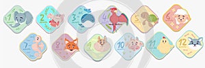 Monthly baby stickers from 1 to 12 months with cute animals newborn baby stickers photo