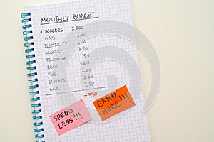 Monthly budget with text `spend less or earn more`. photo
