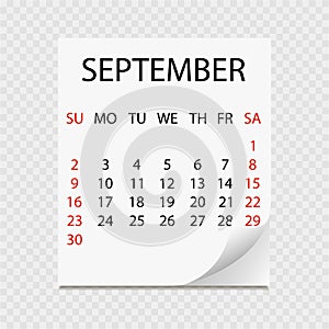 Monthly calendar 2018 with page curl. Tear-off calendar for September. White background.