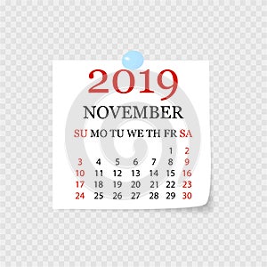 Monthly calendar 2019 with page curl. Tear-off calendar for November. White background. Vector illustration