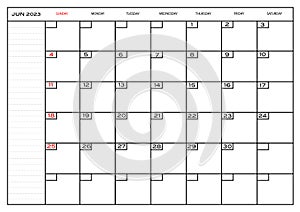 Monthly calendar June 2023 planner
