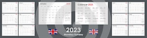 2023 monthly calendar landscape. Printable and minimalist organizer, Yearly planner template, Monday.