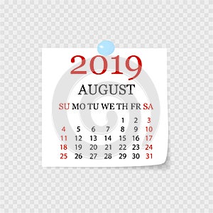 Monthly calendar 2019 with page curl. Tear-off calendar for August. White background. Vector illustration