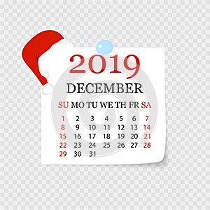 Monthly calendar 2019 with page curl. Tear-off calendar for December. White background. Vector illustration