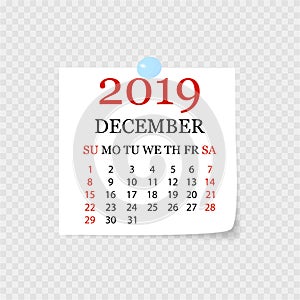 Monthly calendar 2019 with page curl. Tear-off calendar for December. White background. Vector illustration photo