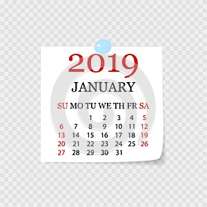 Monthly calendar 2019 with page curl. Tear-off calendar for January. White background. Vector illustration