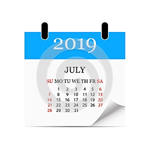 Monthly calendar 2019 with page curl. Tear-off calendar for July. White background. Vector illustration