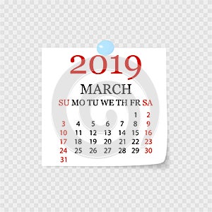 Monthly calendar 2019 with page curl. Tear-off calendar for March. White background. Vector illustration