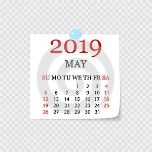 Monthly calendar 2019 with page curl. Tear-off calendar for May. White background. Vector illustration