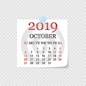 Monthly calendar 2019 with page curl. Tear-off calendar for October. White background. Vector illustration