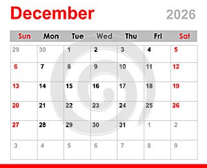 December 2026 calendar. Monthly calendar layout for December 2026.