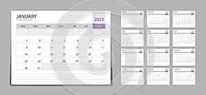 Monthly calendar template for 2023 year, Desk calendar 2023 Set, Week Starts on Monday, Wall calendar 2023 in a minimalist style,