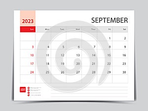 Monthly calendar template for 2023 year, September design, Planner, Desk calendar 2023 design, Week Starts on Sunday, Wall calenda