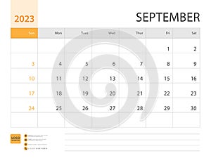 Monthly calendar template for 2023 year, September design, Planner, Desk calendar 2023 design, Week Starts on Sunday, Wall calenda