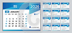 Monthly calendar template for 2026 year, Week Starts on Sunday, Wall calendar 2026 in a minimalist style, desk calendar 2026