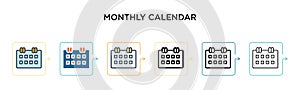 Monthly calendar vector icon in 6 different modern styles. Black, two colored monthly calendar icons designed in filled, outline,