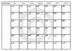 Monthly calendarNovember 2023 planner