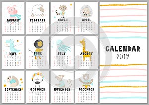 Monthly creative calendar 2019 with cute animals. Concept, vector vertical editable template. Symbol of the year in the