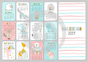 Monthly creative calendar 2019 with cute animals. Concept, vector vertical editable template. Symbol of the year in the