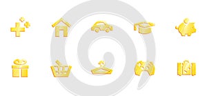 Monthly expenses gold icons set on white background. Financial plan symbols. Money payment signs. Vector Budget icon