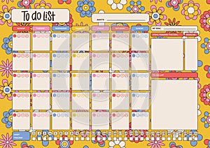 Monthly Habit tracker blank with Hand drawn 70s groogy floral texture. A4 Bullet journal template. Printable organizer
