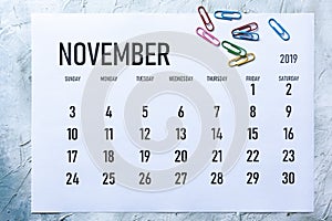 Monthly November 2019 calendar