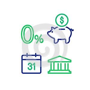 Monthly payment, zero percent, financial calendar, piggy bank money return, asset allocation, long term investment superannuation