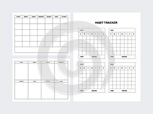 Monthly Plan, Weekly Plan, Habit Tracker planner page templates. Vector illustration