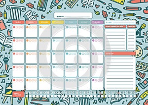 Monthly planner A4 template. Emotion schedule, habbit tracker. Printable to do list. School organizer page. Paper sheet