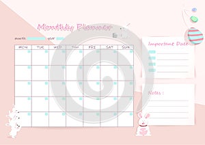 Monthly planner, adorable rabbit cartoon character, Easter holiday decoration your work planner vector illustration