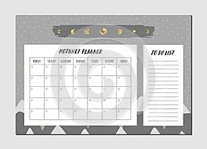 Monthly planner. Ink, gray, gold mountains, moon vector Part two