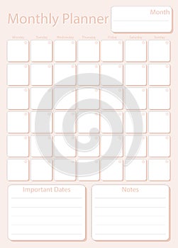 Monthly planner leaf in light pink color without dates, week starts on Monday