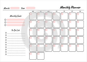 Monthly planner printable template Vector. Blank white notebook page A4 photo