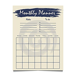 Monthly planner template design with grunge element notes and to do list