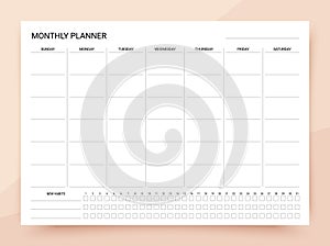 Monthly planner. Template of timetable for month. Vector illustration