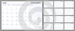 Monthly planner template. Year calendar notes grid, 2020 planners sheets and yearly scheduling calendars vector set photo