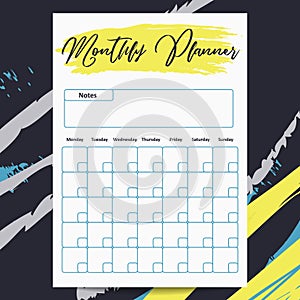 Monthly planner vector template with abstract grunge elements