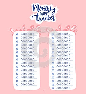 Monthly water tracker design. Pink checklist for regular water drinking habit. 8 glass every day rule.