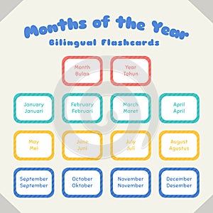 Months of the Year Bilingual Flashcards Vector Set