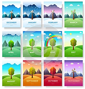 12 Months of the Year. Weather year information set. Seasons banners. Infographic concept background. Layout photo