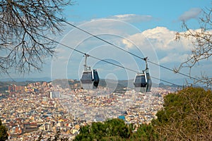 Montjuic cable cars over Barcelona, route with amazing city views, tourist  attraction