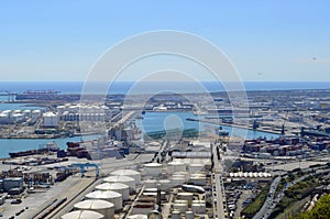 Montjuic hill, view of the sea and industries in Barcelona, Barcelone, Spain.