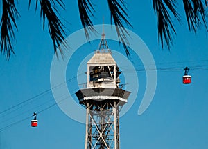 Montjuic`s Teleferic cable car in Barcelona, Spain against the blue sky photo