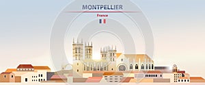 Montpellier cityscape on sunrise sky background with bright sunshine