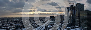 Montreal aerial panorama at sunset on a cold winter evening