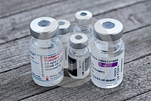 Vials of Astrazeneca, Pfizer BioNTech, Janssen and Moderna Covid-19 vaccines
