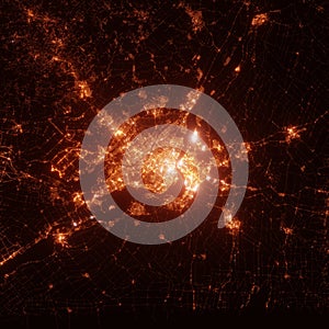 Montreal city lights map, top view from space. Aerial view on night street lights. Global networking, cyberspace